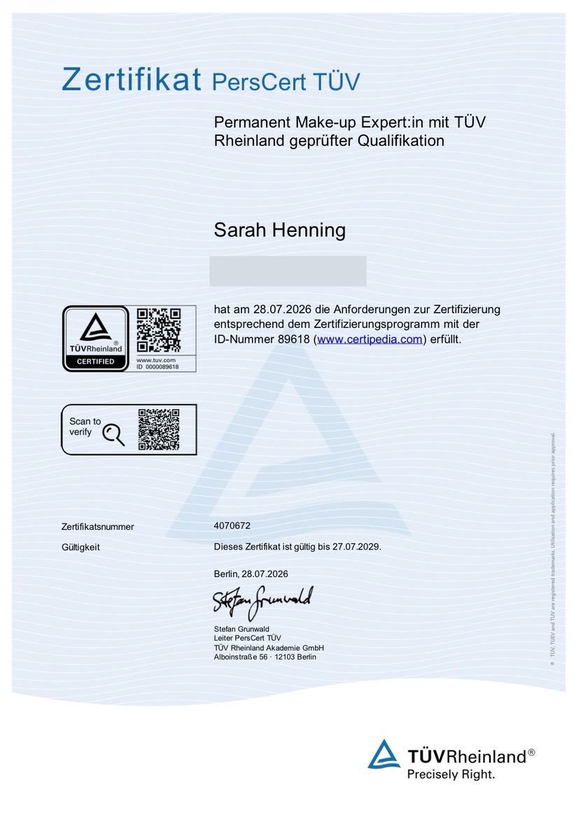 Zertifikat PersCert TÜV für Sarah Henning, Permanent Make-up Expertin